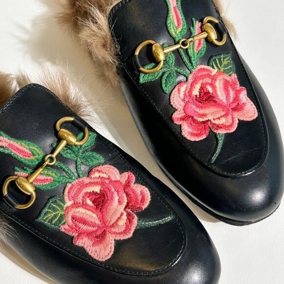 Gucci Fur Lined Embroidered Flower Horsebit Princetown Mules Michele Gigi Hadid - Picture 5 of 14